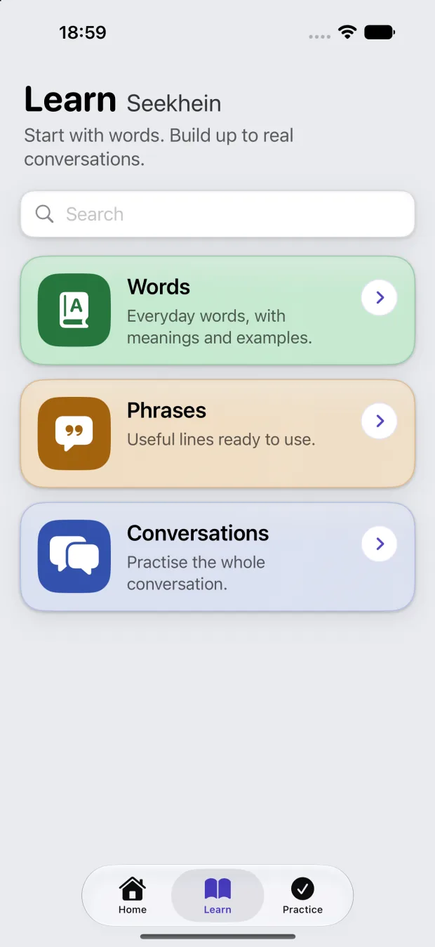 The Learn screen in Hello Bolo, offering Words, Phrases and Conversations.